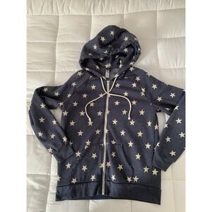 Alternative Womens Stars Print Full Zipper Hoodie Blue Cotton Size Medium